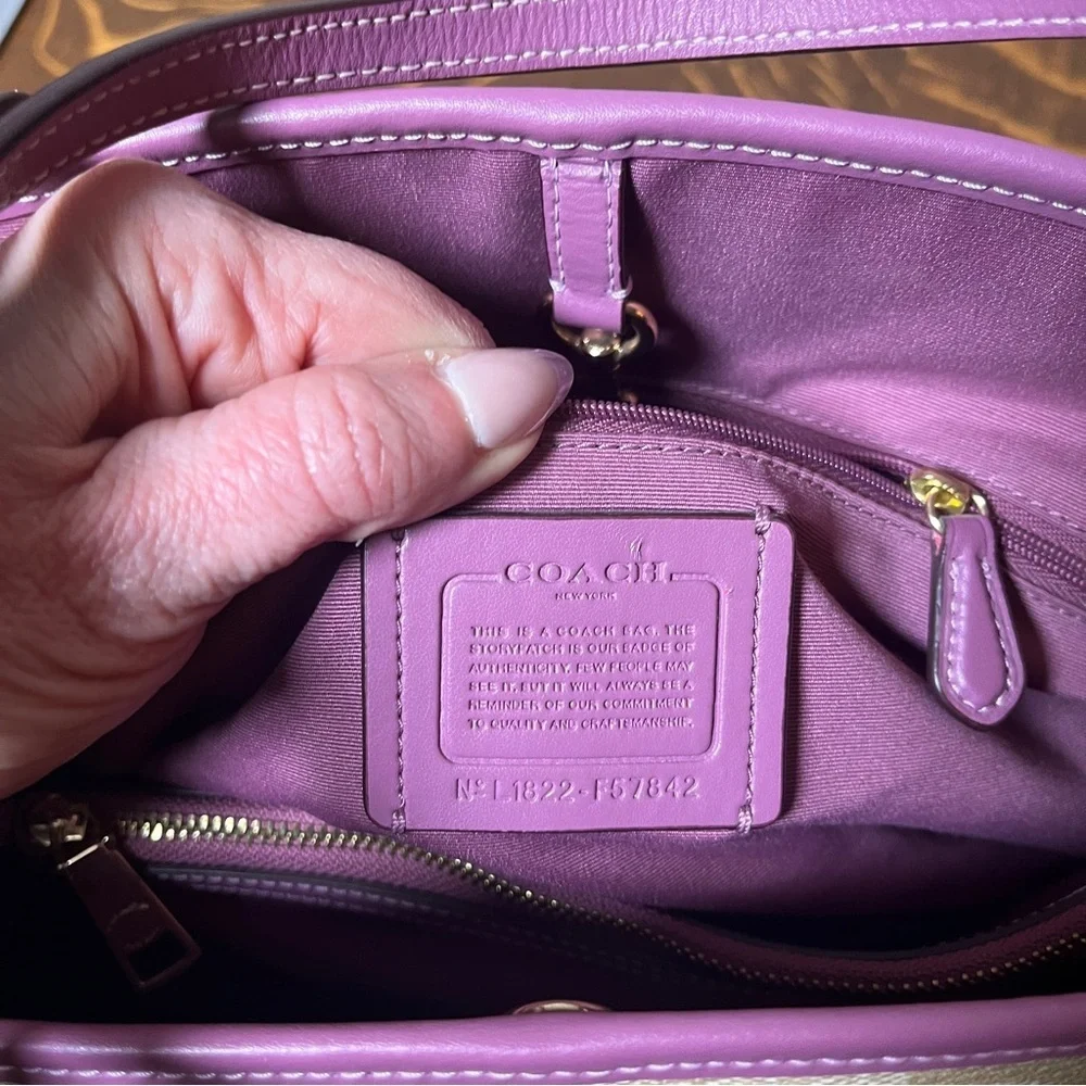 Coach Beige Signature C Coated Canvas With Purple Leather Drawstrings Carryall